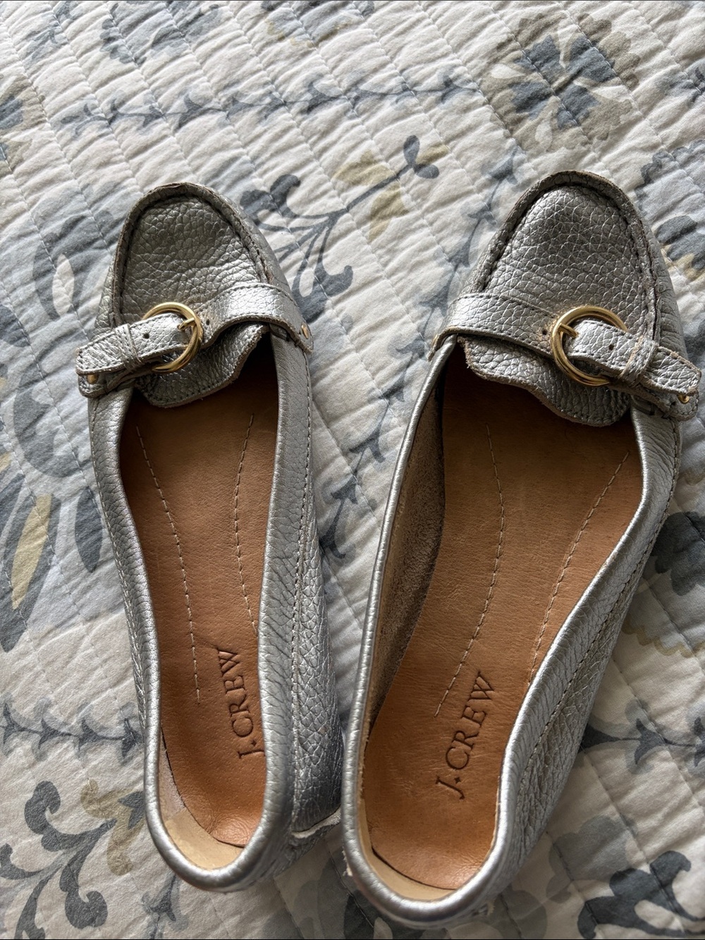 J. Crew Women's Silver Leather Loafers with Gold Buckle